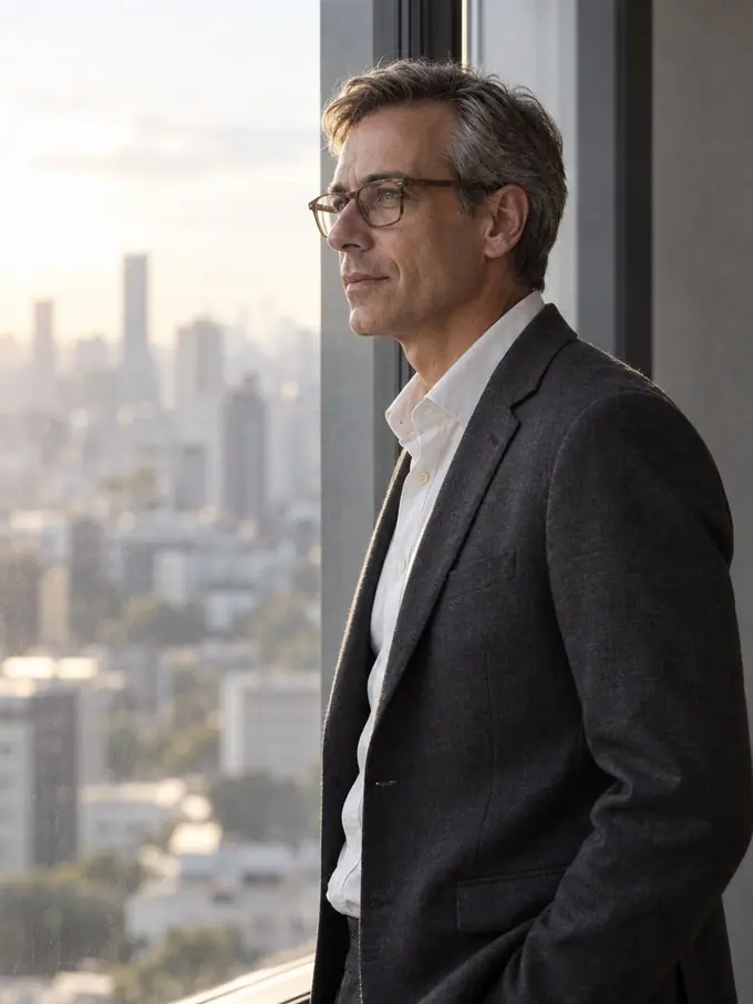 Retrato gerado por IA de Augusto Brancante, consultor financeiro fictício, em pé junto a uma janela alta, de perfil, contra a luz.