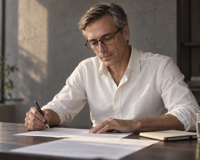 Imagem gerada por IA: Augusto Brancante, consultor financeiro fictício, lê folhas impressas sobre uma mesa de madeira escura.