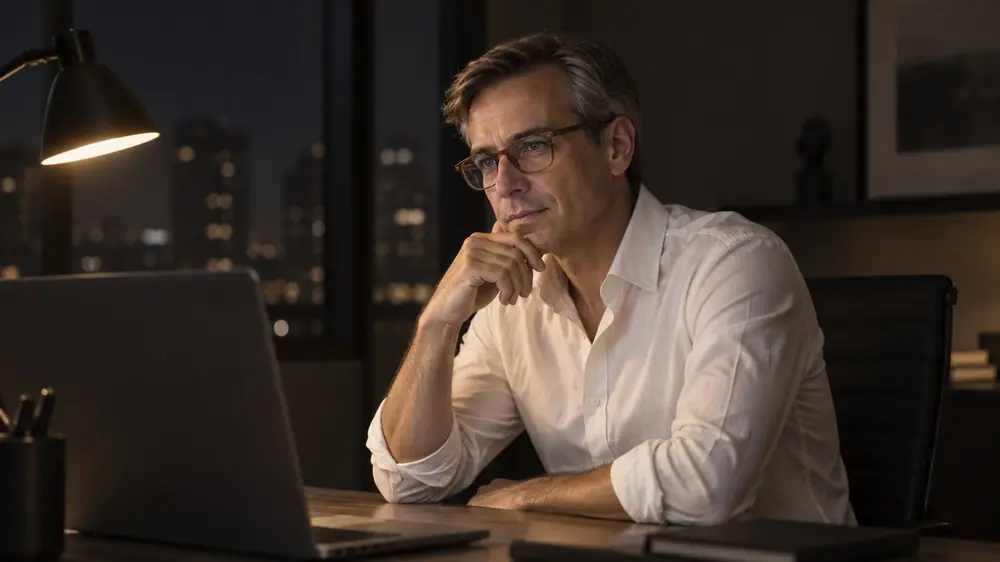 Imagem gerada por IA: Augusto Brancante, consultor financeiro fictício, em um encontro por videochamada em um escritório à noite.